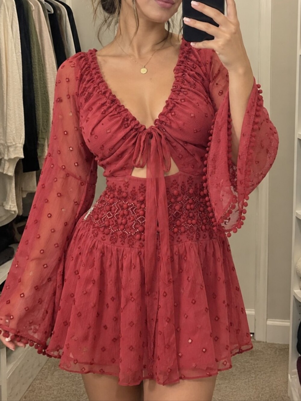 Free People Women's Red Tie-Front Embroidered Mini Dress Size L